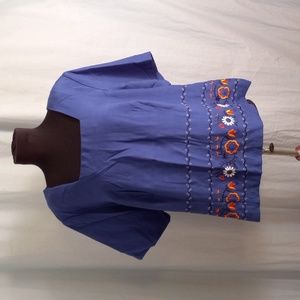 Dressbarn 18W Blue Floral Embroidered Top Square Neckline Shoulder Pads Back Zip